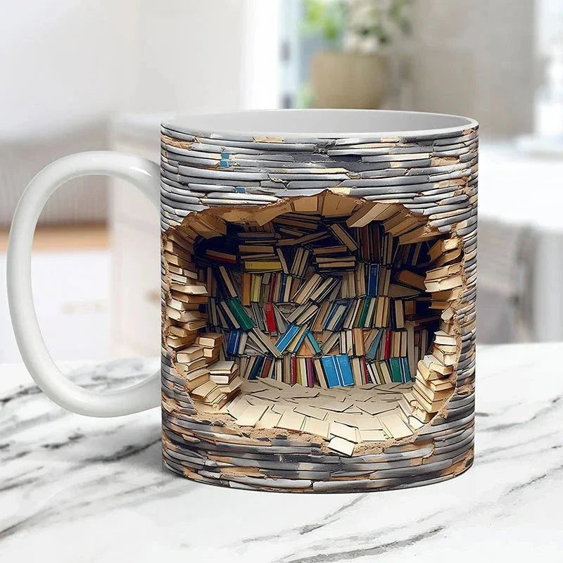 3D Library Bookshelf Coffee Mug | Unique Book Lover Gift