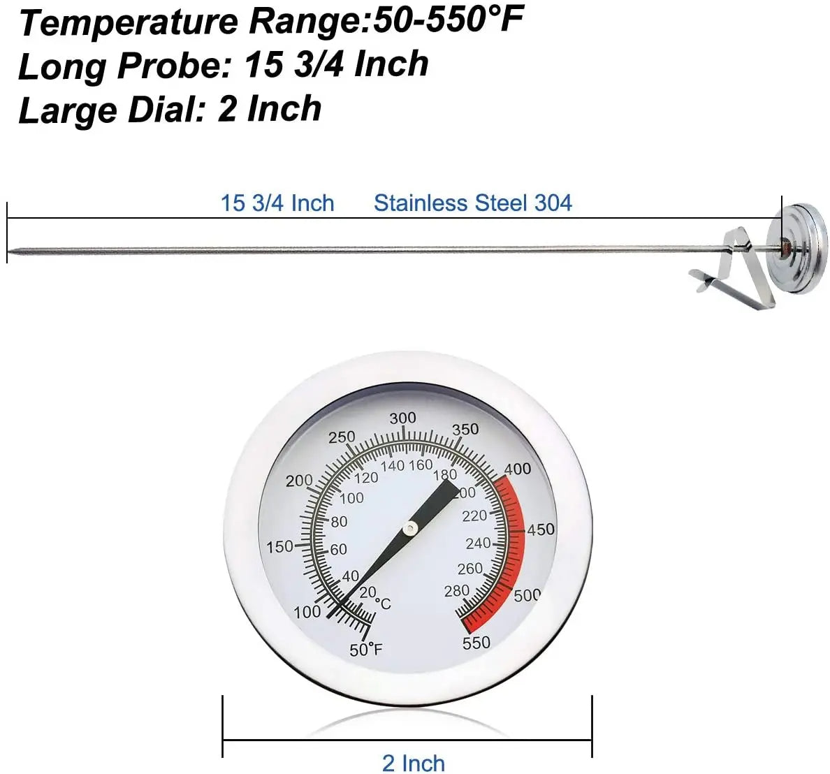 Deep Fry Thermometer | Stainless Steel Long Probe Candy & Oil Thermometer