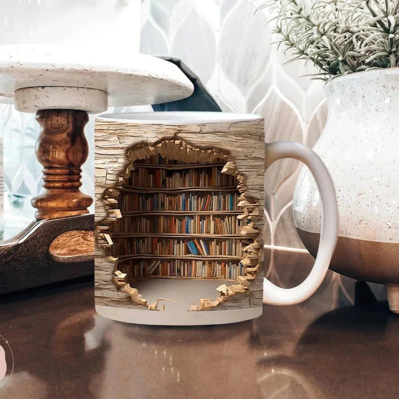 3D Library Bookshelf Coffee Mug | Unique Book Lover Gift