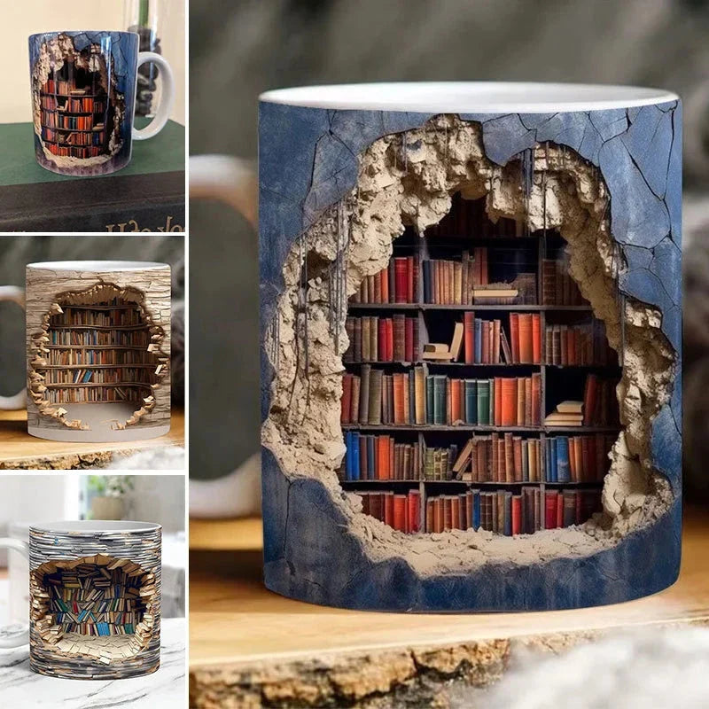 3D Library Bookshelf Coffee Mug | Unique Book Lover Gift