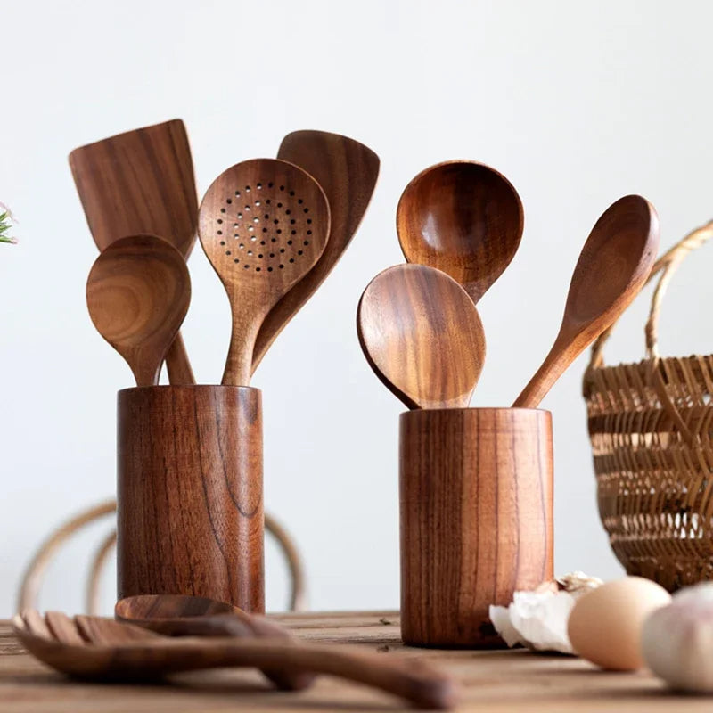 Teak Wood Kitchen Set | Natural Wooden Cooking Utensils Collection
