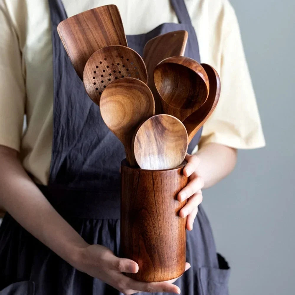 Teak Wood Kitchen Set | Natural Wooden Cooking Utensils Collection