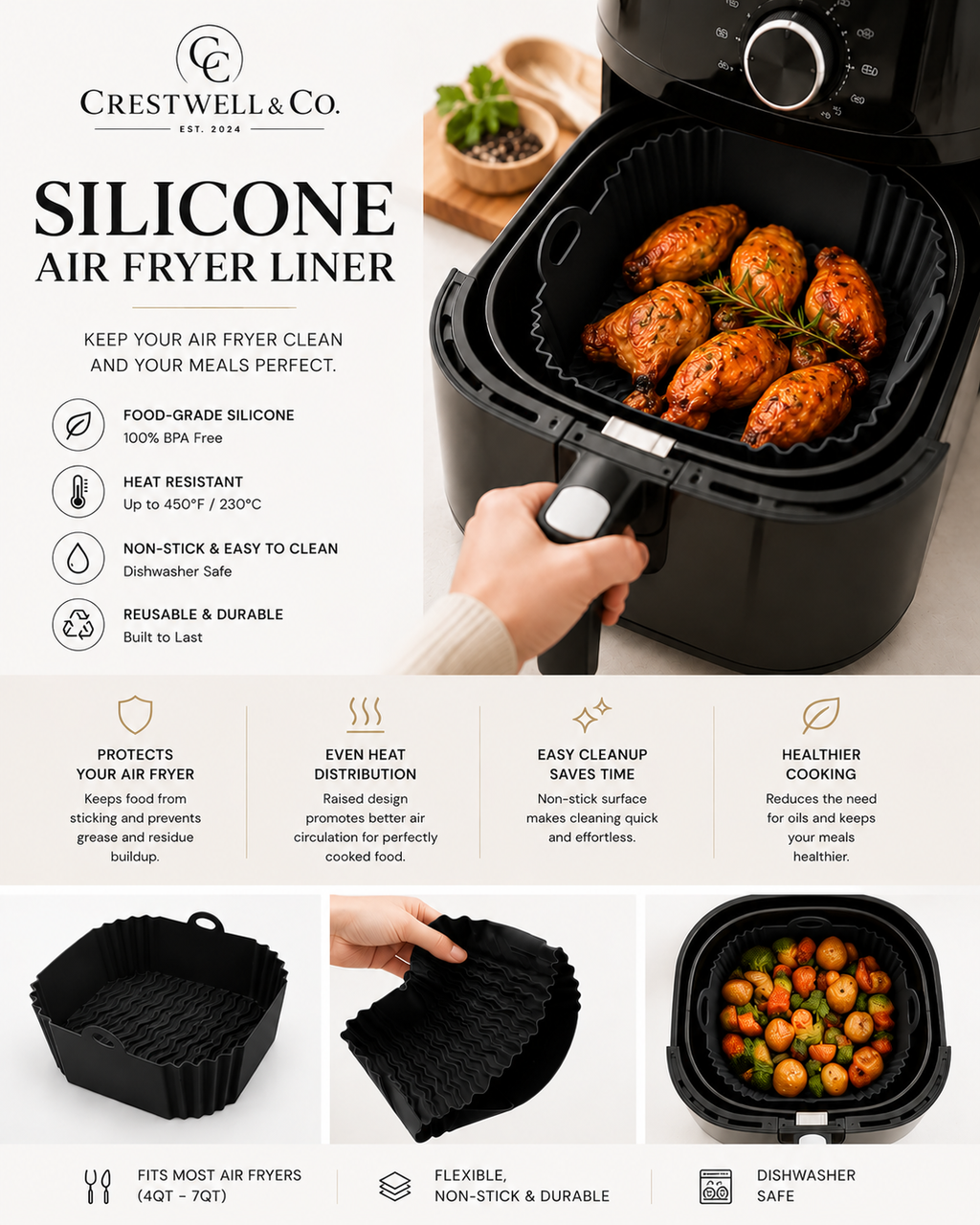 Silicone Air Fryer Liner | Reusable BPA-Free Basket Insert