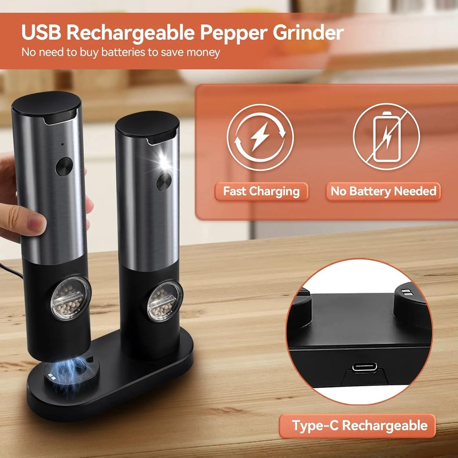 Electric Salt & Pepper Mill Set | Rechargeable Grinder with LED Light