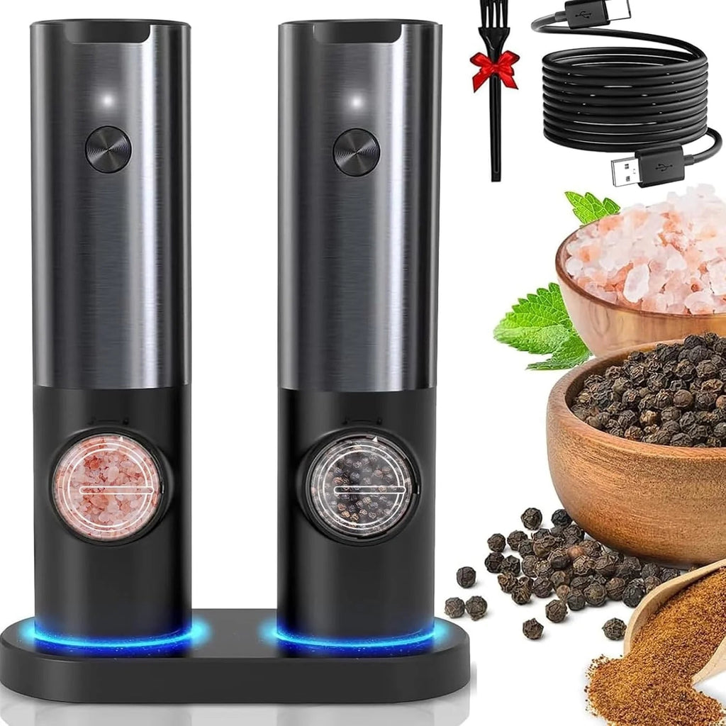 Electric Salt & Pepper Mill Set | Rechargeable Grinder with LED Light