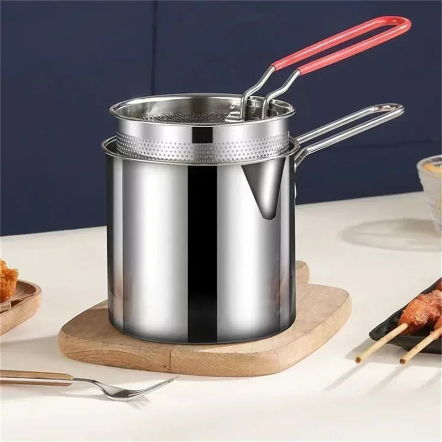 Deep Fryer Pot with Strainer | 1200ml Mini Fry Pot for Home Cooking