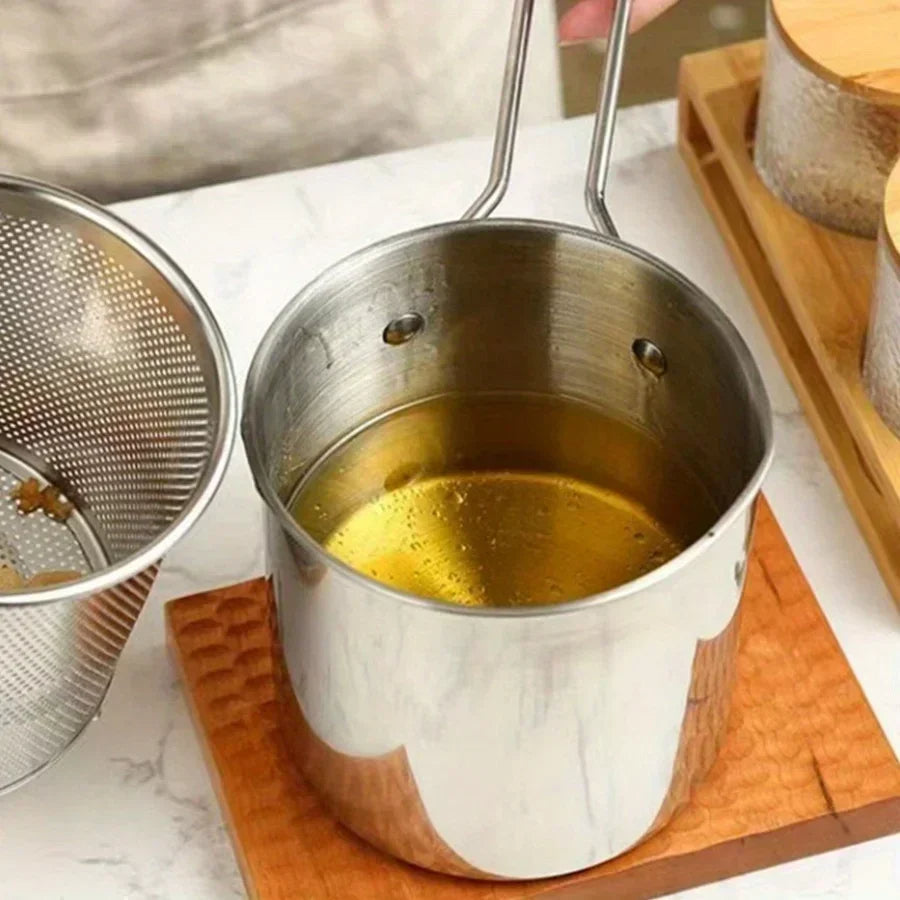 Deep Fryer Pot with Strainer | 1200ml Mini Fry Pot for Home Cooking