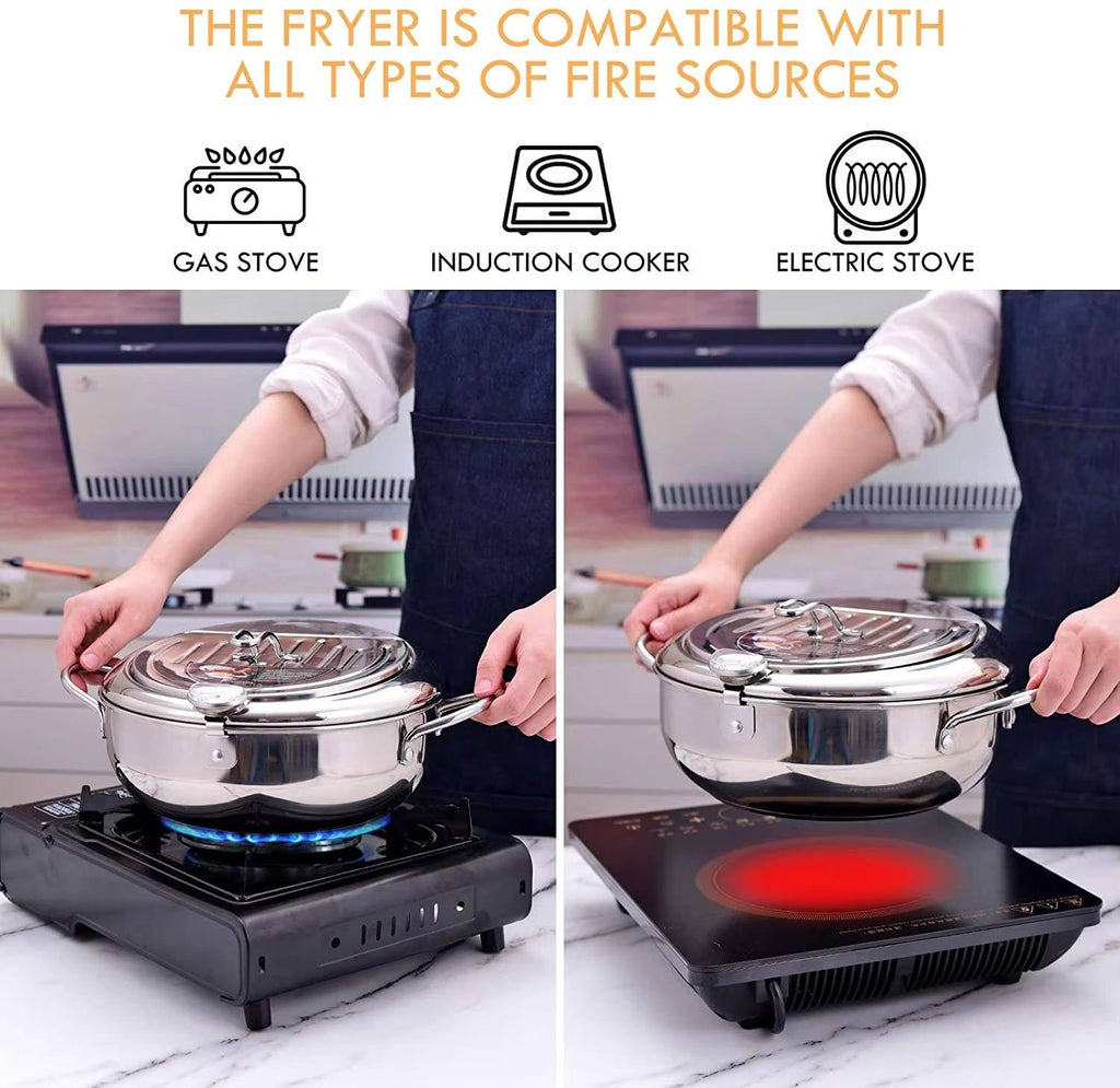 Japanese Deep Frying Pot | Tempura Fryer with Thermometer & Lid