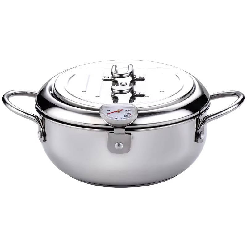 Japanese Deep Frying Pot | Tempura Fryer with Thermometer & Lid