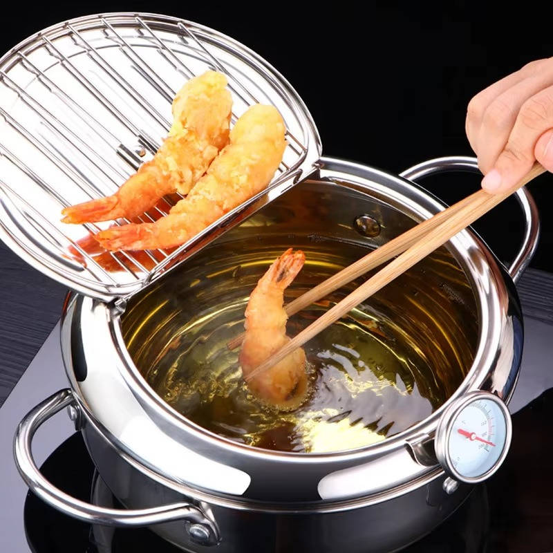 Japanese Deep Frying Pot | Tempura Fryer with Thermometer & Lid