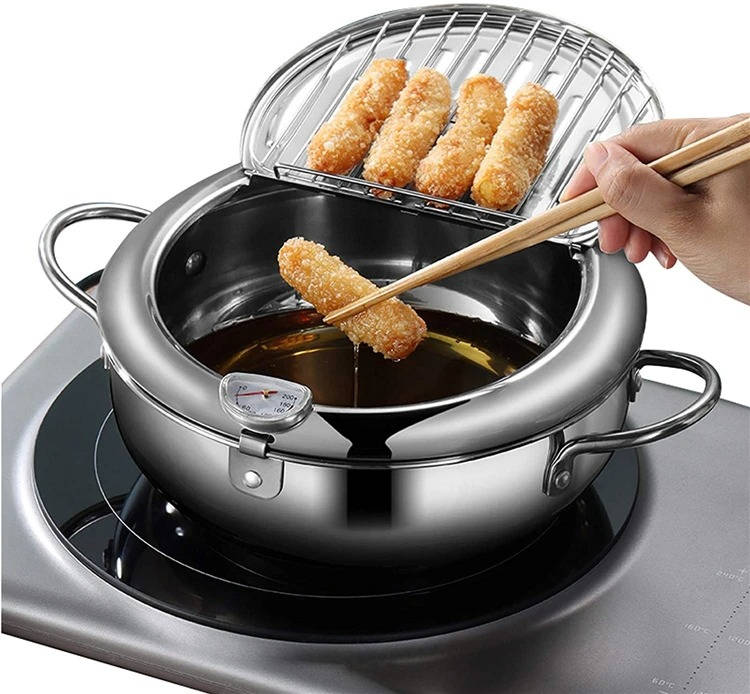 Japanese Deep Frying Pot | Tempura Fryer with Thermometer & Lid