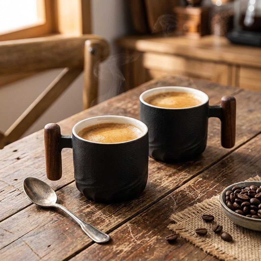 Vintage Espresso Cups With Wooden Handle lifestyle