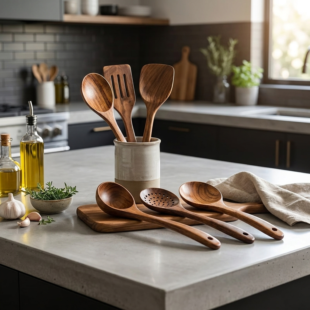 Kitchen set made of natural teak wood lifestyle