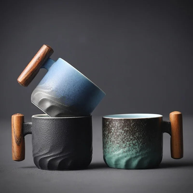 Vintage Espresso Cups with Wooden Handle | Double-Wall Glass Set