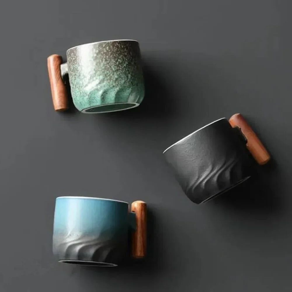 Vintage Espresso Cups with Wooden Handle | Double-Wall Glass Set