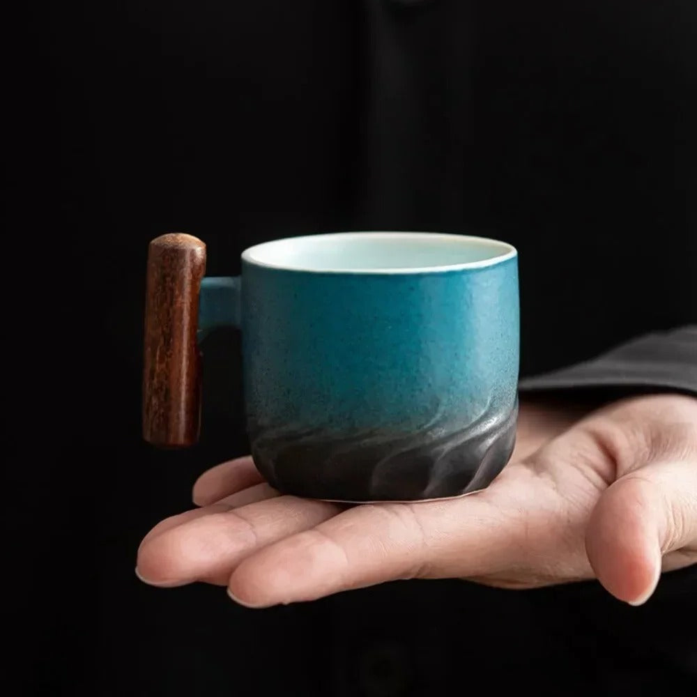 Vintage Espresso Cups with Wooden Handle | Double-Wall Glass Set