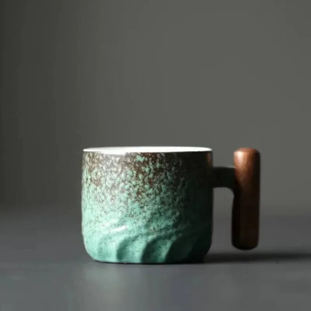 Vintage Espresso Cups with Wooden Handle | Double-Wall Glass Set