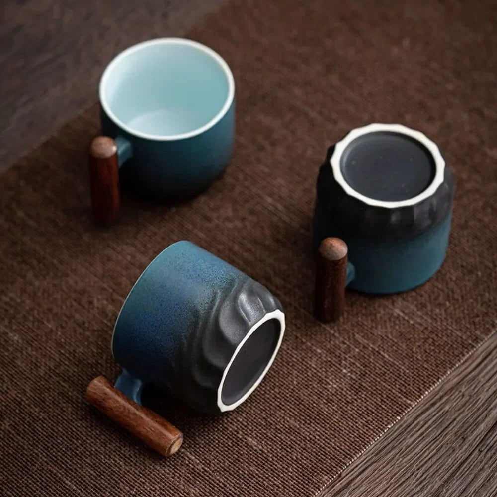 Vintage Espresso Cups with Wooden Handle | Double-Wall Glass Set