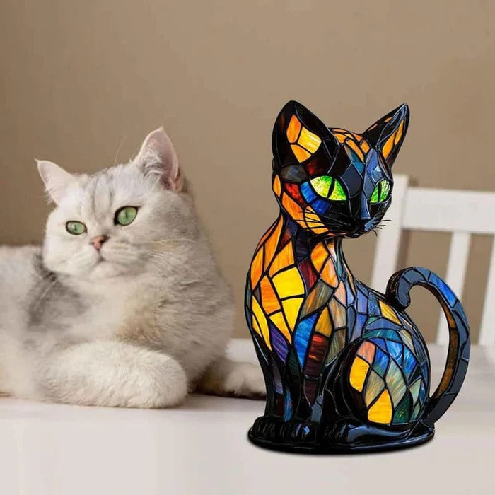 Stained Glass Cat Table Lamp | Tiffany-Style LED Night Light