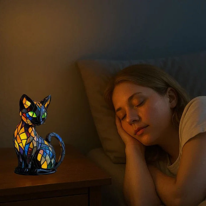 Stained Glass Cat Table Lamp | Tiffany-Style LED Night Light