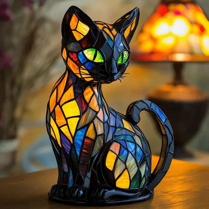 Stained Glass Cat Table Lamp | Tiffany-Style LED Night Light